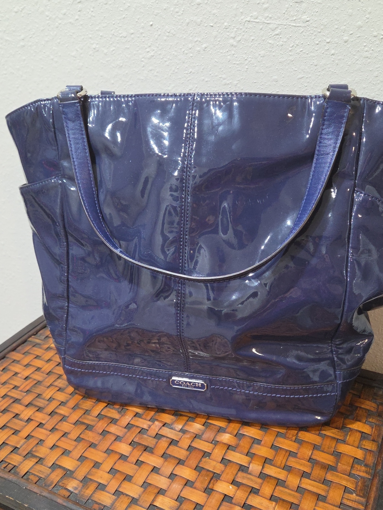 Coach Glossy Patent Tote Bag In Navy Blue